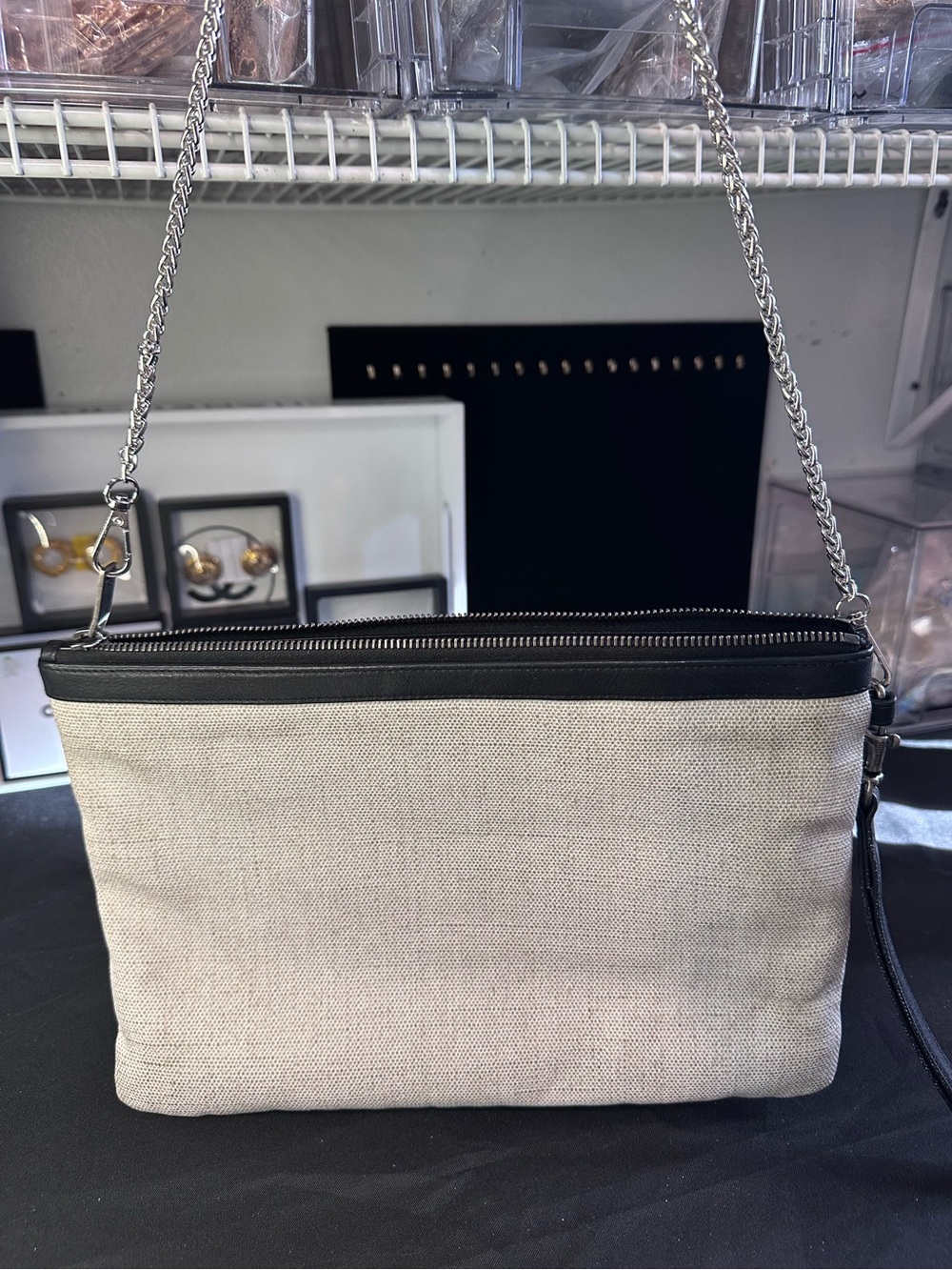 Saint Laurent Rive Gauche Crossbody/Clutch Bag Coated Canvas Leather Ivory Black - Picture 15 of 16